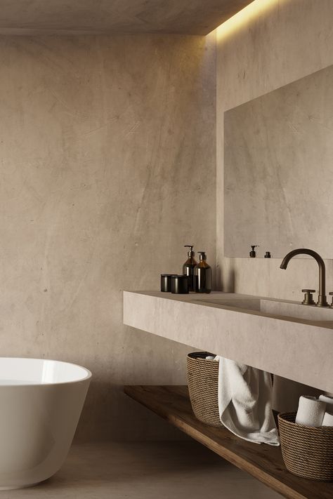 Minimalist Mediterranean, Minimalist Bathroom Ideas, Drømme Bad, وابي سابي, Cement Bathroom, Dekorere Bad, Mediterranean Bathroom, Unique Bathroom Vanity, Minimalist Bathroom Design