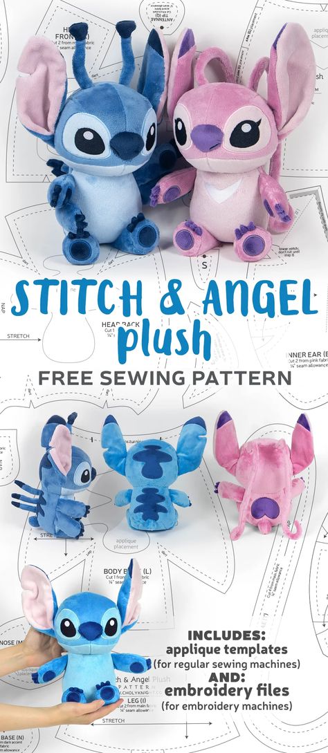 Free Pattern Friday! Stitch & Angel Plush – Sew Desu Ne? Stitch Plush Pattern, Sewing Disney Projects, Angel Sewing Pattern, Sewing Animals Patterns, Lilo And Stitch Crafts For Kids, Elephant Sewing Pattern Free, Diy Plushies Patterns Free, Toro Plush, Stuffed Animal Sewing Patterns Free