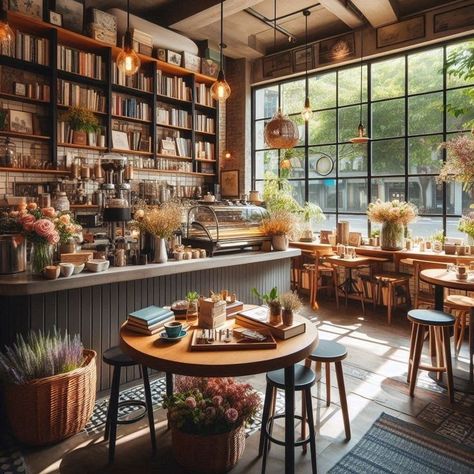 Tea Shop Interior Vintage, Cottagecore Coffee Shop Aesthetic, Cafe And Bakery Aesthetic, Bookstore Coffee Shop Ideas, Light Cafe Aesthetic, French Inspired Coffee Shop, Coffee Shop Bookstore Cozy, Book Cafe Ideas Coffee Shop, Cafe Decor Cozy