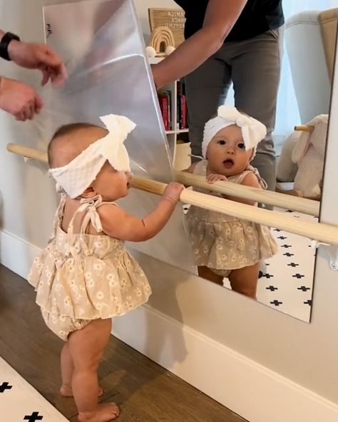 Diy Ballet Barre And Mirror, Montessori Ballet Bar, Ballerina Nursery Baby Girl, Diy Ballet Barre, Ballet Nursery, Ballerina Room, Ballet Bar, Twins Nursery, Ballerina Nursery