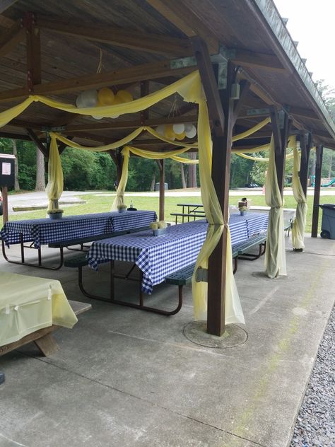 Covered Patio Party Decorations, Park Shelter Decorations Picnic Table, Park Ramada Birthday Decorations, Pavilion Party Ideas, Decorate Gazebo For Party, Pavilion Decorating Ideas Party, Baby Shower Pavilion Decorations, How To Decorate A Park Pavilion, Picnic Shelter Birthday Party