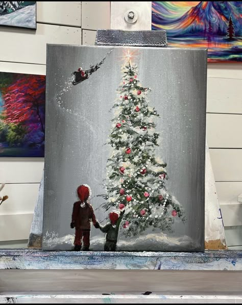 Christmas Art Painting Acrylic, Christmas Painting Ideas On Canvas, Painting Ideas On Canvas Love, Paintings Christmas, Diy Christmas Paintings, Happy Daisy, Christmas Canvas Art, Daisy Art, Lake Painting