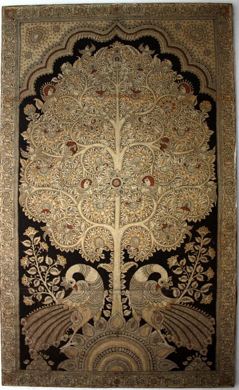 This is called 'Tree Of Life' painting in Kalamkari.  Only a handful of people can create / replicate this work now.  Kalamkari is an age old art of… Tree Of Life Painting, Family Tree Tattoo, Persian Art Painting, Kalamkari Painting, Tree Of Life Art, Pichwai Paintings, Painting Canvases, Madhubani Art, Indian Folk Art