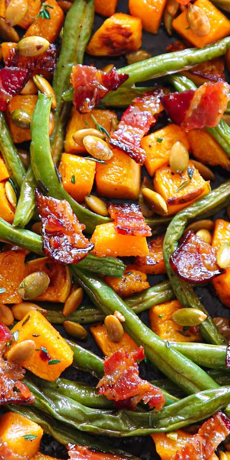 Roasted Green Beans and Butternut Squash with Bacon and Pumpkin Seeds. Butternut Squash With Bacon, Thanksgiving Vegetable Sides, Thanksgiving Vegetables, Thanksgiving Side Dishes Easy, Autumn Side Dishes, Thanksgiving Food Sides, Pumpkin Seed Recipes, Holiday Side Dish, Roasted Vegetable Recipes