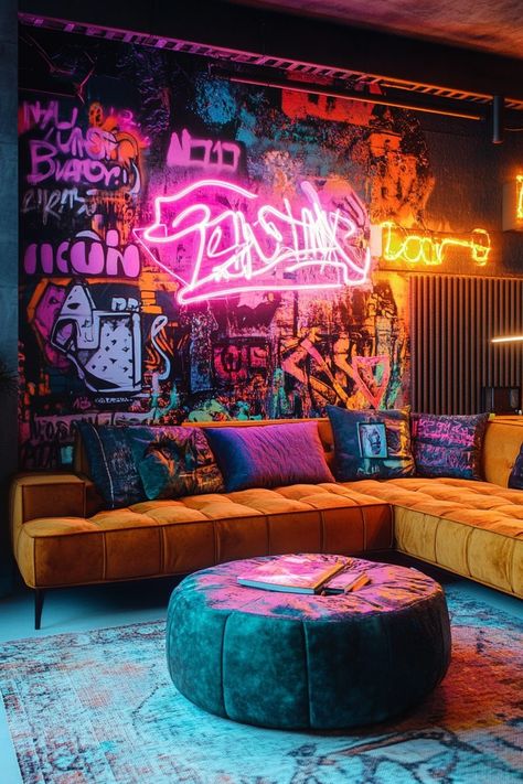 Cyberpunk Aesthetic Room Decor, Unique Bar Ideas For Home, Cyberpunk Game Room, Cyberpunk Diy Decor, Funky Interior Design Eclectic, Space Themed Restaurant, Cyberpunk Set Design, Cool Diy Decor, Cyberpunk Theme Room