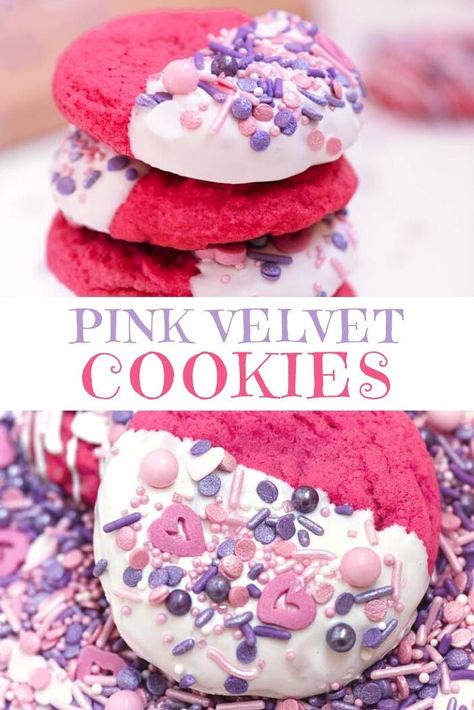 An easy and delicious soft pink sugar cookie with a white chocolate drizzle. The pink velvet cookie dough is so much fun to make! When you you dip them in the melted white chocolate... perfect for Valentine's Day! #dessert #ideas #easy #simple #forhim #forher #forkids Pink Velvet Cookie Recipe, Pink Treat Ideas, Cookie Recipes Valentines Day, Pink Bake Sale Ideas, Cute Valentines Desserts, Valentine’s Day Desserts, Pink Velvet Cookies, Cute Snack Ideas, Valentine Food Ideas