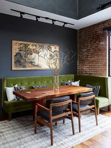 An Argument for Exposed Brick: Why You Shouldn't Paint Over It Seating In Kitchen, Banquette Seating, Dining Nook, Live Edge Table, Dining Room Inspiration, Maximalism, Dining Room Design, Banquette, 인테리어 디자인