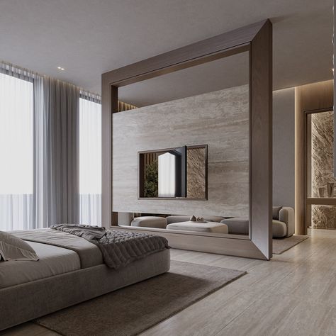 Master bedroom :: Behance Room Tv Ideas Bedrooms, Tv Area In Bedroom, Bedroom Partition, Bedroom Behance, Tv Unit Interior Design, Bedroom Interior Design Luxury, Master Room, Tv In Bedroom, Bedroom And Living Room