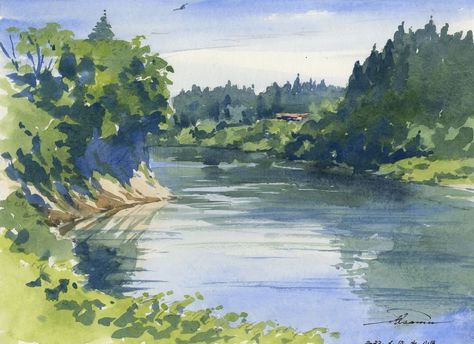 Water Reflection Watercolor, Hillside Homes, River Watercolor, Village Photos, Water Reflection, River Water, Water Reflections, Watercolor Inspiration, Watercolor Drawing