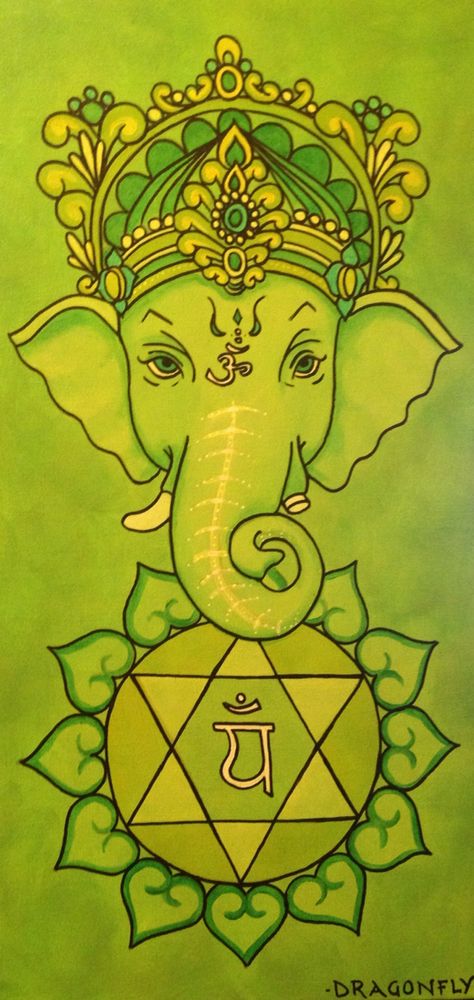 Ganesha tribute chakra paintings. I did one a day for 7 days. This is painting #4 of 7- Anahata.  The heart chakra which can be represented by either the colour green or pink. Chakra Paintings, Chakra Wallpaper, Knee Yoga, Acrylic Painting Images, Art On Wall, Chakra Painting, Green Chakra, The Colour Green, August Colors