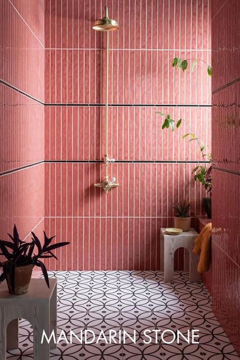 Inject fun into your interior with our intruiging new pink tiles. Offering a tight pattern with pink tones, these decorative tiles are ideal for creating a modern, fun aesthetic. Shop the Mandarin Stone collection online Tile pictured: Loki Pink Gloss Ceramic and Chaplin Spiro Porcelain Mandarin Stone, Bathroom Design Trends, Cape House, Tile Trends, Pink Tiles, Brick Tiles, Tile Inspiration, Pink Bathroom, Green Tile