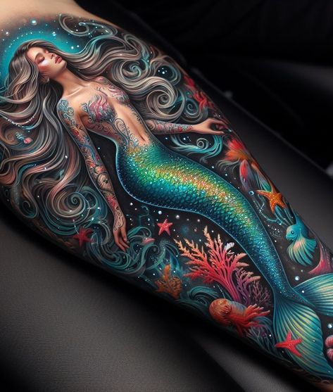 Peacock Mermaid Tattoo, Mermaid Sleeve Tattoo, Mermaid Tattoo Ideas For Women Leg, Fairy Tattoo Sleeve, Pin Up Tattoos For Women, Fairy Back Tattoo, Space Mermaid Tattoo, Thigh Mermaid Tattoo, Hunters Tattoo