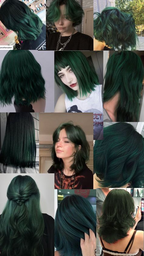 Blue Hair Two Tone, Dark Colour Hair Dyes, Cool Brown Hair Color Ideas, Dark Green Hair Color Ideas, Dark Green Hair Underneath, Green On Brown Hair, Discreet Hair Dye Ideas, Dark Green Hair Highlights, Hair Color Ideas Dark Purple