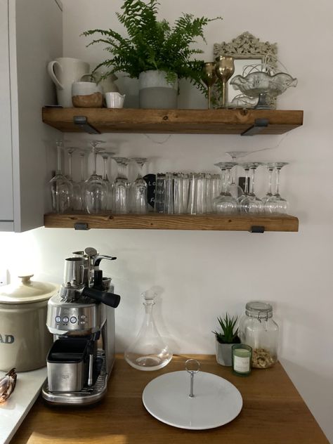 Wooden Shelves Kitchen, Kitchen Wall Shelves, Kitchen Shelf Decor, Rustic Wooden Shelves, Open Kitchen Shelves, Rustic Shelves, Kitchen Redo, Wooden Kitchen, Kitchen Shelves