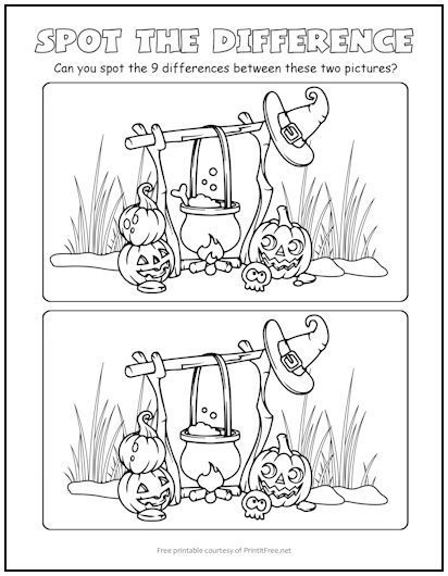 This free printable Halloween “Spot the Difference” picture puzzle featuring a witch’s cauldron over a campfire will test your child’s powers of observation. The two scenes may seem to be identical at first, but upon closer inspection it’s evident that some details were changed. Have your child circle the differences in the top panel, and once he’s found all of them, the printable can double as a coloring page! Halloween Spot The Difference, Halloween Campfire, Halloween Worksheets Free, Halloween Packet, Halloween Toddler Party, Halloween Puzzles, Free Printable Halloween, Halloween Worksheets, Picture Puzzle