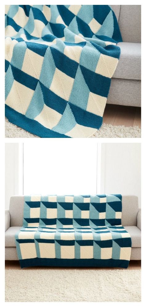 3D Illusion Shadowbox Blanket Free Knitting Pattern #startknittingfreepattern #easyknittingpatterns #blanketpattern Geometric Knitting, Knitting Projects Blanket, Knitted Blanket Squares, Modern Knitting Patterns, Blanket Knitting Pattern, Knitting Patterns Free Blanket, Modern Blankets, Crochet Afghan Patterns Free, Crochet For Beginners Blanket