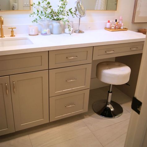 Vanity With Sink On One Side, Bathroom With One Sink And Makeup Vanity, Master Bath Vanity With Makeup Area One Sink, Off Center Bathroom Vanity, Master Ensuite With Makeup Vanity, Bathroom Seated Vanity, Bathroom Vanity With Stool, Bathroom Counter With Cabinet In Middle, Single Sink And Makeup Vanity Combo