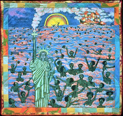 We Came to America, Faith Ringgold, 1997, Acrylic on canvas; painted and pieced border, 74.5 x 79.5 inches Pattern And Decoration, Faith Ringgold Art, Faith Ringgold, History Of Quilting, Buddhist Wisdom, Black Artists, Black People, American Artists, Female Artists