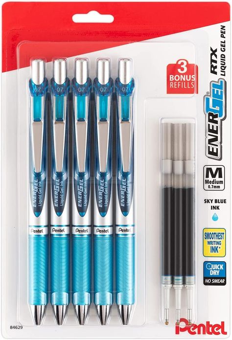 Pentel EnerGel 0.7 mm Liquid Gel Ink Pens - Pack of 5 Sky Blue Deluxe RTX Energel Pens with 3 Refills Energel Pens, Pentel Energel, Fine Point Pens, Black Paper Drawing, Liquid Ink, Gel Ink Pens, Ink Pens, Roller Ball, Fine Pens