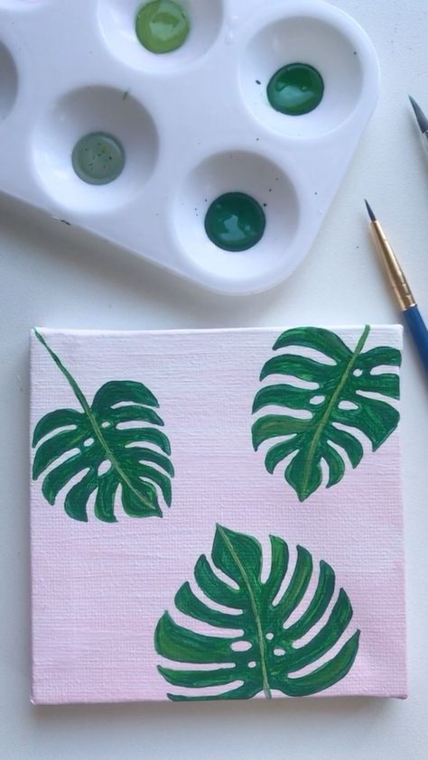 claudiaandacanvas on Instagram: Monstera deliciosa plant leaves 🌿 . . . Starting a new mini canvas series! If you have a favorite plant / leaf / flower / succulent type… Monstera Painting Easy, Plant Easy Painting, Cute Plant Paintings, Painting Ideas Leaves, Mini Canvas Flowers, Plant Leaves Drawing, Mini Canvas Art Green, Monstera Painting Acrylic Easy, Easy Plant Painting