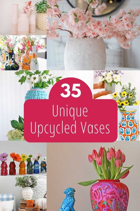 A collection of upcycled vases made from either repurposed existing vases or objects that once had another purpose, such as bottles, jars, and even a football! Many upcycles are very straightforward and involve just a bit of clever painting. Others use creative techniques such as paper mache, decoupage and plastering. Visit the site to get all the upcycled vase tutorials. Repurpose Vases Ideas, Painted Flower Vases Diy, Repurpose Vases Diy Projects, Crafts With Glass Vases, Crafts With Vases, Glass Vase Repurpose Ideas, Upcycled Vases Ideas, Repurposed Glass Vases, Old Vases Repurpose