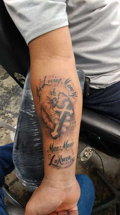 RIP Grandma Tattoos. Rip Grandma Tattoos For Men Arm, Rip Tattoo Ideas For Men Forearm, Tattoos For Lost Loved Ones For Men, Tattoo For Father Who Passed For Men, In Memory Of Mom Tattoo For Men, In Remembrance Tattoos For Men, Mom Tribute Tattoo For Men, Cross Remembrance Tattoos, Rest In Peace Tattoos For Men Forearm