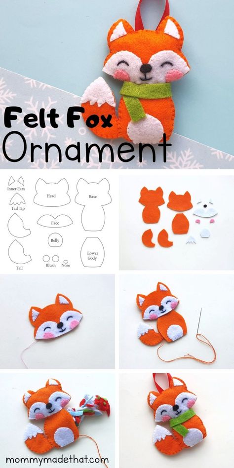 Felt Fox Christmas Ornaments, Felt Fox Ornament Pattern, Diy Fox Ornaments, Christmas Felt Decorations Diy, Felt Ornaments Animals, Felt Fox Patterns Free Printables, Fabric Christmas Tree Ornaments Sew, Felt Figures Diy, Free Felt Ornament Patterns Templates