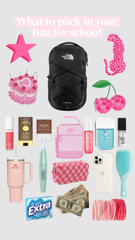 What to pack in your bag for school💋 Clothes You Need For School, Pack My School Bag With Me, What To Put In Your School Bag, Whats In My Backpack, School Bag Organization, Back Packing, Middle School Essentials, Road Trip Bag, School Emergency Kit