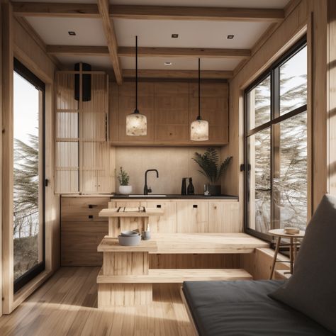 Japandi meets tiny house: the perfect match! Japandi Interiors Small Space, Micro House Interior, Japandi Tiny House, Tiny Apartment Interior, Best Tiny House Layout, Japanese Style Tiny House, Japandi Exterior, Tiny House Kitchen Ideas, Japanese Tiny House