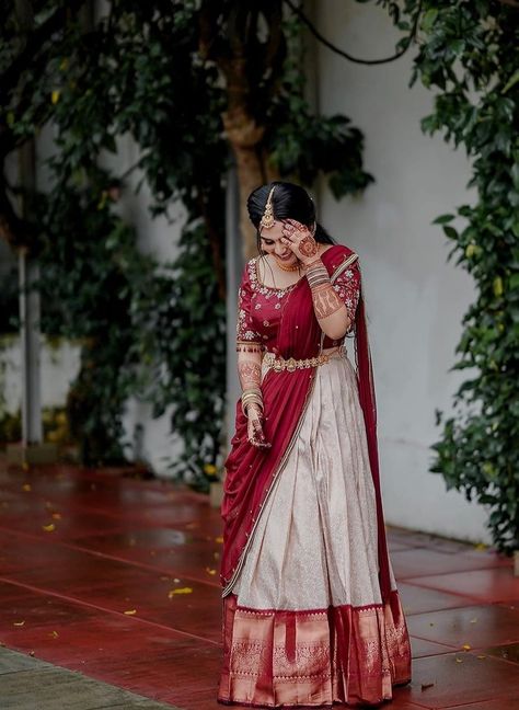 Lehengas Color Combination, South Indian Party Wear Dresses, Half Saree Lehenga For Engagement, Half Saree Photoshoot Poses, South Indian Engagement Look, Half Saree Designs Color Combinations, Indian Saree Draping Styles, Latest Half Sarees, Saree Lehenga Designs