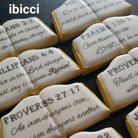 Kat - ibicci NZ on Instagram: “A selection of Bible Verse cookies went to The Street City Church on Friday for a Quiz Night prize. Book/bible cutter from @sinfulcutters 📖…” Bible Verse Cookies Decorated, Bible Cookies Decorated, Christian Sugar Cookies, Bible Verse Cookies, Christian Cookies, Scripture Cookies, Quotes For Married Couples, Pastor Anniversary, Fun Meals