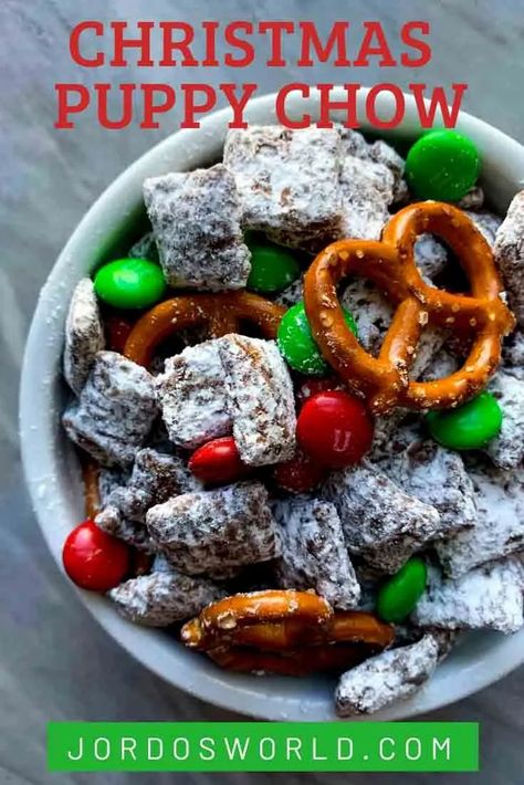 This Christmas Puppy Chow is sweet, salty, and absolutely delicious! This recipe is quick, easy, and a holiday treat everyone will love. Original Puppy Chow Recipe, Holiday Puppy Chow, Chex Mix Recipes Christmas, Christmas Puppy Chow, Christmas Chow, Christmas Chocolate Recipes, Puppy Chow Christmas, Reindeer Chow, Puppy Chow Chex Mix Recipe