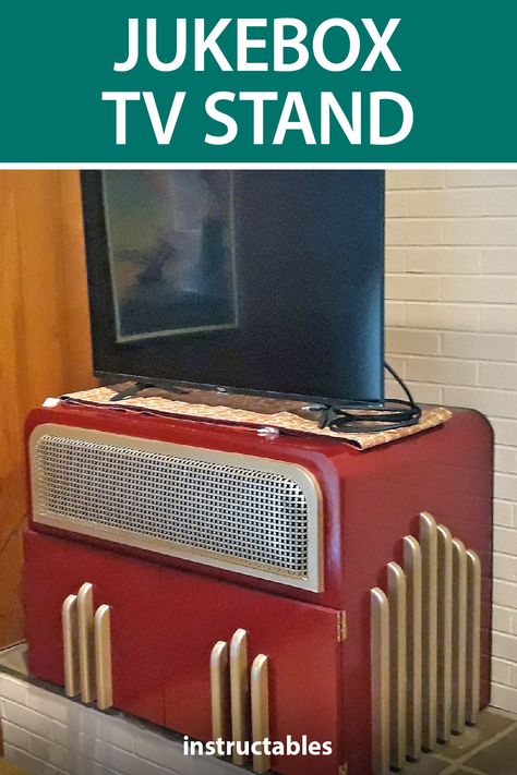 Jukebox In Home, Table Top Juke Boxes, Vintage Juke Boxes, Unorthodox Jukebox, Juke Box, Wooden Tv Stands, Woodworking Projects Furniture, Work Space Organization, Woodworking Ideas Table