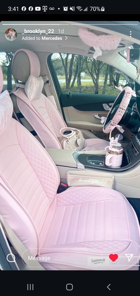 Pink And Beige Car Interior, White Car Pink Interior, Pink Car Decor Aesthetic, Light Pink Car Accessories, White Jeep Pink Interior, 2000s Car Interior, Beige Car Interior Decor, Pink Car Stuff, Tan Car Interior