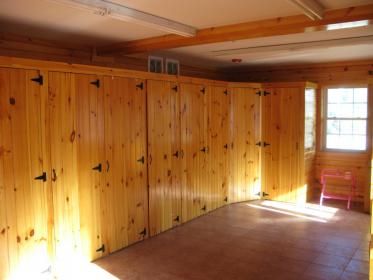 Built-in tack lockers - Around The Farm - Chronicle Forums Tack Room Lockers, Horse Ranch Ideas, Tack Organization, Stable Plans, Tack Locker, Tack Room Ideas, Horse Tack Rooms, Equestrian Stables, Built In Lockers