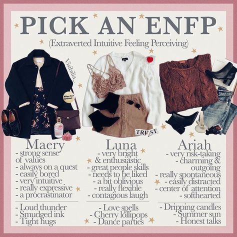 16 𝙥𝙚𝙧𝙨𝙤𝙣𝙖𝙡𝙞𝙩𝙞𝙚𝙨: 𝙀𝙉𝙁𝙋 Are you an ENFP? Which girl would you pick? • I’m probably closest to Luna but I’d love to hang out with Ariah! • •… Enfp Outfits, 16 Personalities Enfp, Niche Aesthetic, Enfp Personality, Enfp T, 16 Personalities, Outfit Collage, Mbti Personality, Mood Board Fashion