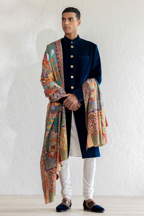 Buy Blue Sherwani Velvet Darbar Cutaway Set For Men by Qbik Online at Aza Fashions. Stole For Men, Green Sherwani, Dhoti Pants For Men, Blue Sherwani, Sherwani For Men Wedding, Wedding Kurta For Men, Fashion Models Men, Couple Wedding Dress, Sherwani For Men