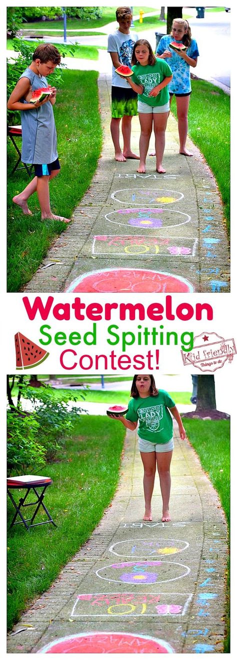 Watermelon Seed Spitting Contest! Try this Classic Game at your next Summer Picnic with kids, teens, and adults. A Watermelon Seed Spitting Contest is old fashioned fun for kids of all ages. Great Picnic Game for kids! #outdoorgametoplay #summergame ##funnysummergame #summergameforkids #summergameforteens #summergameforadults #outdoorgameforkids www.kidfriendlythingstodo.com Picnic Games For Adults, Summer Picnic Games, Picnic Games For Kids, Vbs Games, Outdoor Games To Play, Girls Picnic, Outdoor Games Adults, Summer Outdoor Games, Birthday Games For Kids