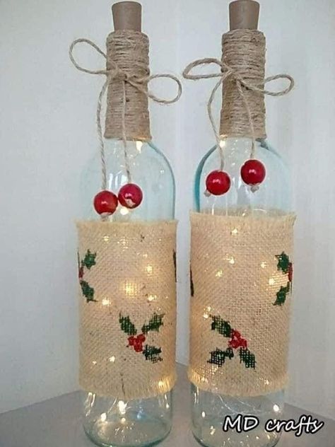 Diy Christmas Bottles Decor, Christmas Bottles Decoration Xmas, Xmas Bottle Decoration, Christmas Glass Bottle Crafts, Liquor Bottle Christmas Crafts, Christmas Wine Bottles With Lights, Christmas Bottles Diy, Christmas Bottle Ideas, Christmas Bottle Art