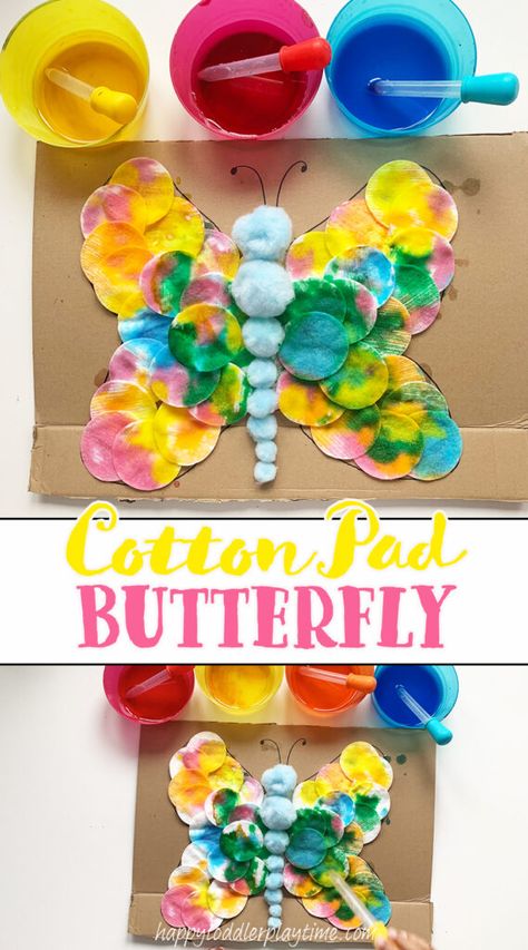 Cotton Pad Butterfly Craft - Happy Toddler Playtime Toddler Gross Motor Activities, Baby Room Activities, Butterfly Crafts Preschool, Butterflies Activities, Butterfly Craft, Halloween Crafts For Toddlers, Baby Blanket Knitting, Gross Motor Activities, Butterfly Kids