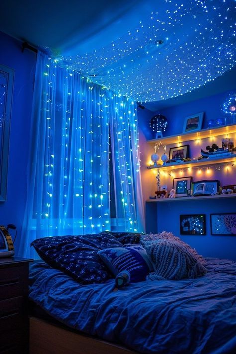 Blue Room Decor Bedroom, Celestial Bedroom, Blue Room Decor, Dream Bedroom Inspiration, Easy Room Decor, Room Redesign, Cozy Room Decor, Dreamy Room, Bedroom Refresh