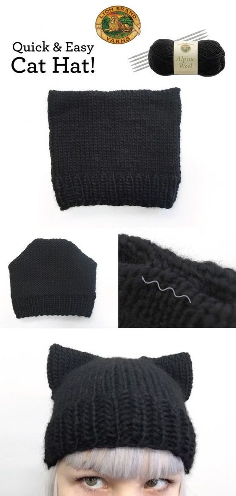 Quick & Easy Cat Hat Cat Hat Pattern, Knit Decor, Diy Tricotin, Crochet Cat Hat, Easy Knitting Projects, Knitted Cat, Hat Knitting, Beginners Knitting, Cat Hat