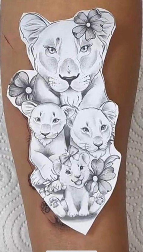 Lion Tattoo For Women With Cubs, Mother Lion And Three Cubs Tattoo, Mama And Her Cubs Tattoo, Back Shots Tattoo, Lion And 3 Cubs Tattoo For Women, Lion Cubs Tattoo For Women, Lioness With 3 Cubs Tattoo, Mama Lion And 3 Cubs Tattoo, Lioness 3 Cubs Tattoo