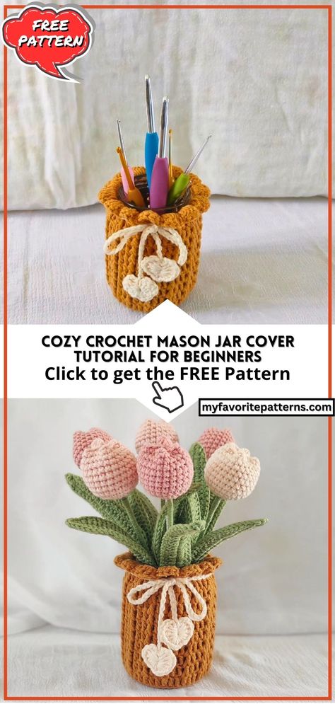 Cozy Crochet Mason Jar Cover Tutorial For Beginners Crochet Christmas Jar Covers, Mason Jar Cozies Crochet, Mason Jar Cozy Crochet, Mason Jar Crochet Cover, Crochet Jar Cozy, Crochet Mason Jar Covers Free Pattern, Crochet Mason Jar Cozy, Crochet Mason Jar Covers, Crochet Mason Jar