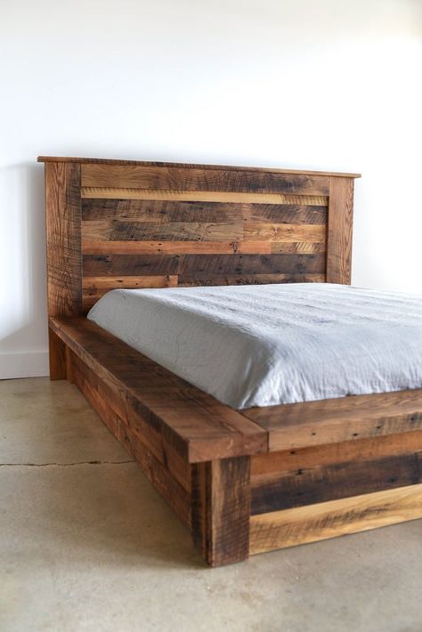 Reclaimed Wood Platform Bed | Etsy Ranch Interior, Barnwood Bed, Rustic Wood Bed, Beautiful Bed Designs, Reclaimed Wood Beds, Murphy Bed Ikea, Chevron Headboard, Diy Platform Bed, Pallet Beds