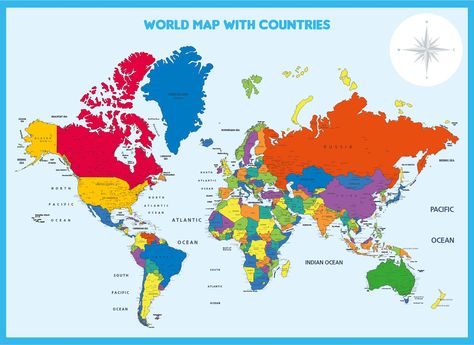 Printable World Map with Countries Free Printable World Map, World Map Outline, World Map Continents, Color World Map, World Map With Countries, World Map Printable, Blind Art, Detailed World Map, Map Printable