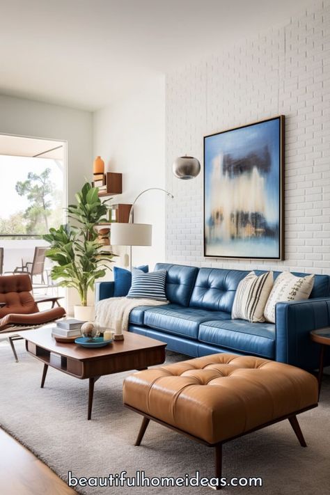 Blue Leather Couch Living Room Decor, Blue Couch Decor, Blue Sofa Living Room, Colorful Furniture Living Room, Blue Leather Couch, Mid Century Modern Living Room Design, Leather Couch Living Room Decor, Blue Sofas Living Room, Blue Couch Living Room