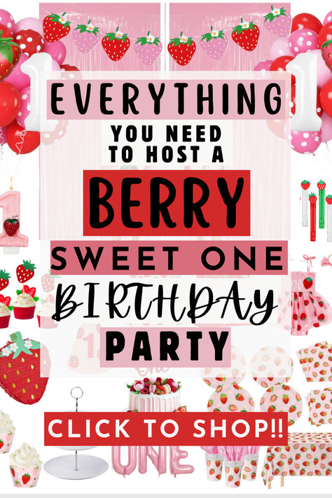 Looking to host the cutest Berry First Birthday Party? I've got you covered from invitations to balloons to party favors! It's all linked in my blog! Amazon affiliate (contains affiliate links) #amazon #amazondeals #berryfirstbirthdaypartyideas #strawberrybirthdayparty #berryfirstbirthday #sweetone #firstbirthdaypartyideas #partyideas #partythemes #girlbirthday #party #birthdayparty #1stbirthday #summerbirthday #pinkparty #red #pink #fruit #strawberries #berrysweetone #berrysweetonebirthday Berry Sweet Birthday Food Ideas, Raspberry Birthday Party, 1 Year Birthday Party Food Ideas, Berry First Birthday Smash Cake Photos, Girls First Birthday Party Ideas Summer, Berry First Photoshoot, Baby 1st Birthday Themes Girl, Indoor First Birthday Party, Strawberry Baby Birthday Party