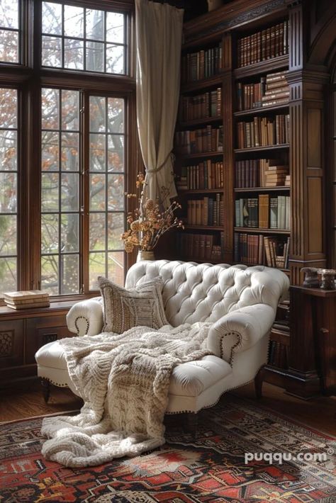 dream-home-library-38 Chase Lounge Library, Home Library Cottage, Furniture For Home Library, Home Library Furniture Ideas, Big Reading Chair, Library Nook Ideas, House Library Ideas, Office Library Design, Dream Library Cozy Reading Room