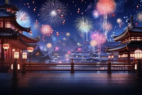 Fireworks festival night architecture illuminated. AI generated Image by rawpixel. | premium image by rawpixel.com Firework Festival, Pre College, Night Architecture, Fireworks Images, Chinese Light, Street Background, China Street, Fireworks Background, Japan Summer